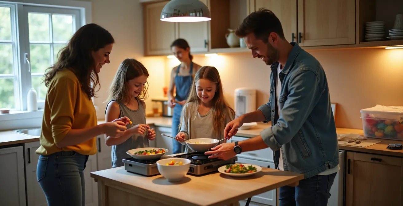 Cuisine temporaire bien organisée dans un coin salon pendant des travaux de rénovation majeure