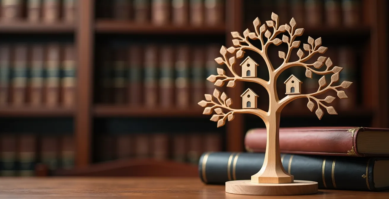 Représentation visuelle d'un arbre généalogique avec des symboles de maisons pour illustrer les transferts de propriété familiaux éligibles à l'exonération au Québec.