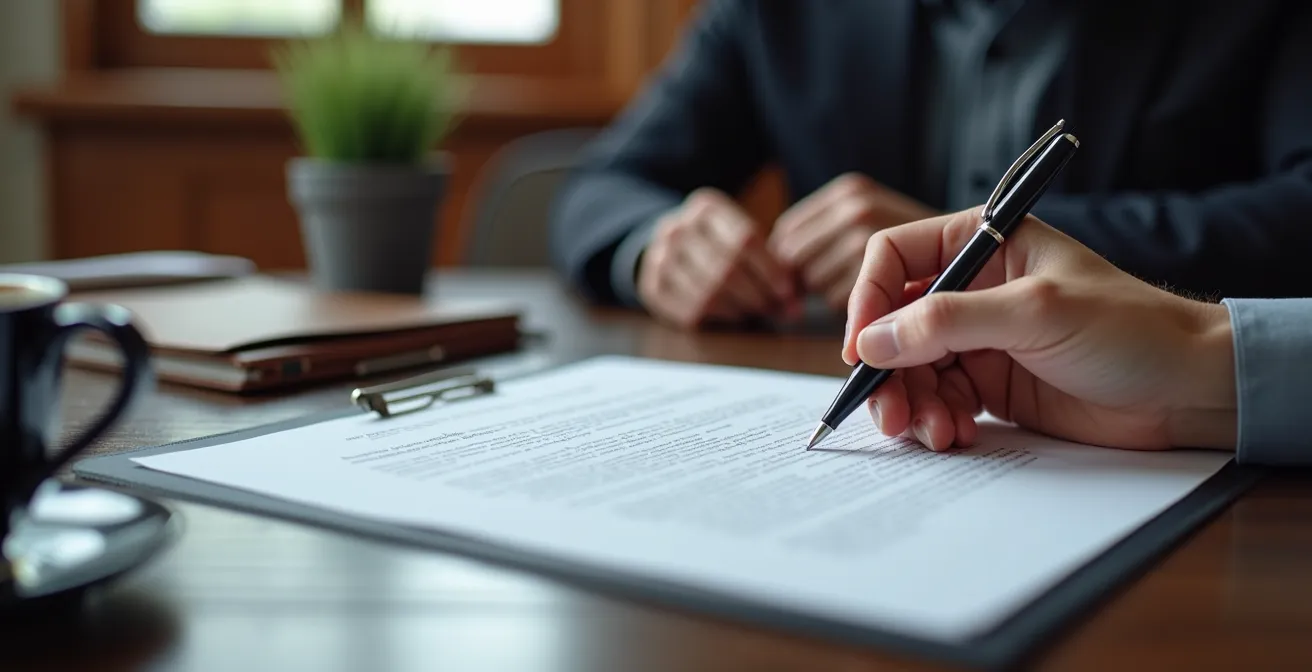 Bureau de notaire québécois avec des documents prêts pour la signature finale de la transaction immobilière.