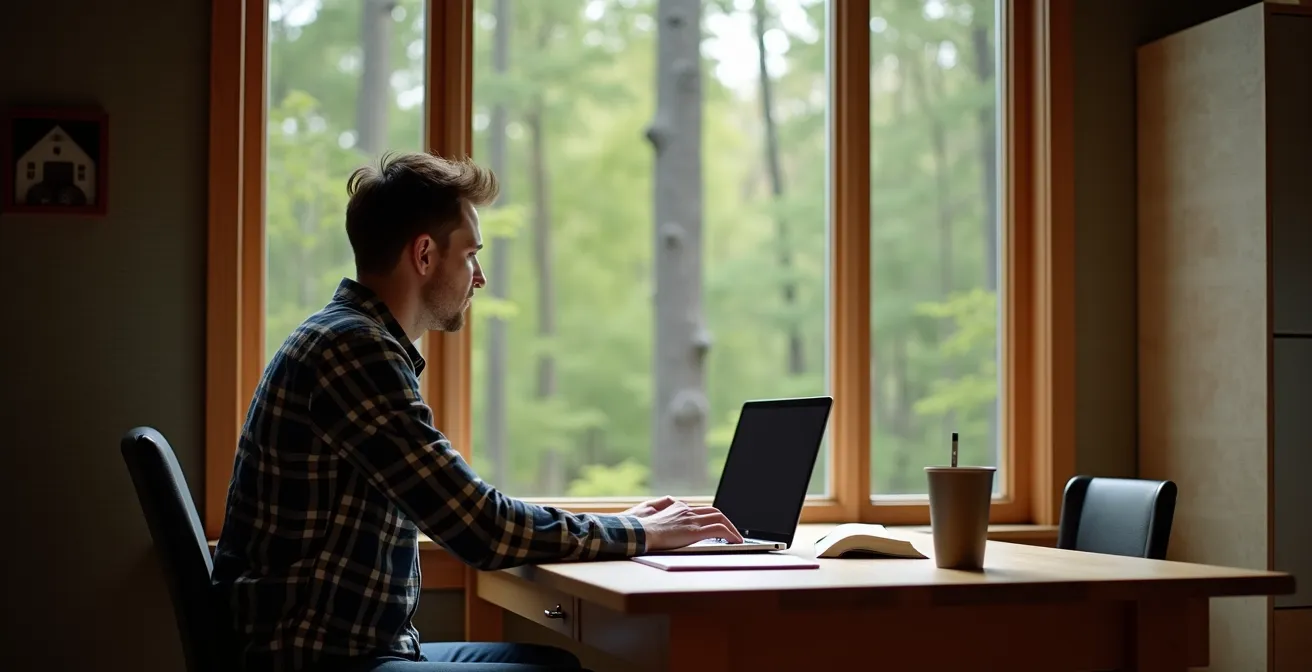 Bureau de télétravail aménagé dans un chalet québécois avec vue sur la forêt boréale, équipement moderne sans écrans visibles