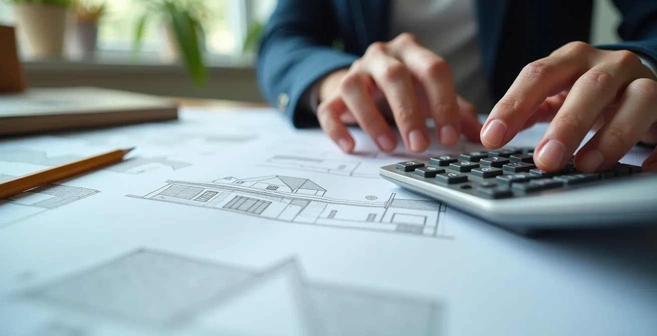 Couple consultant des documents financiers avec calculatrice et plans d'agrandissement sur table