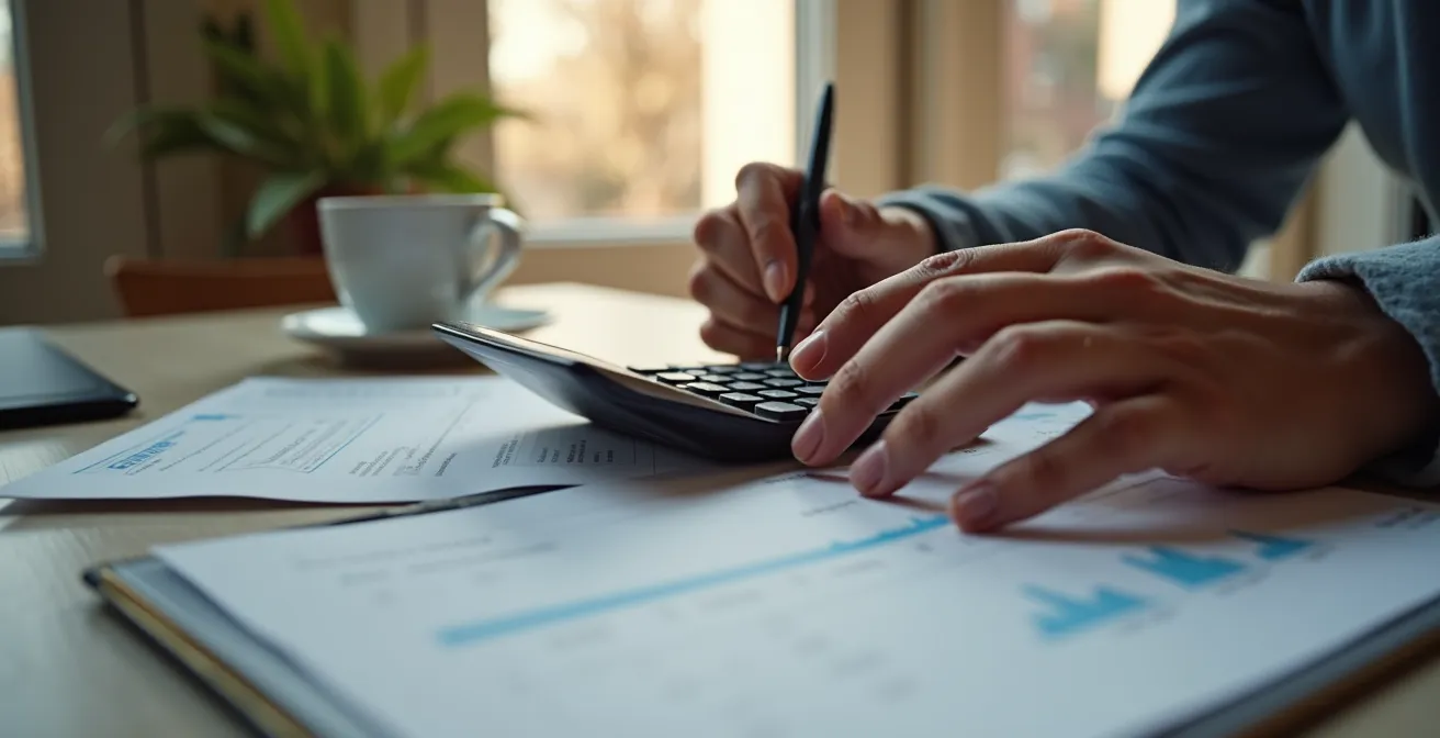 Vue rapprochée d'un bureau avec calculatrice et papiers financiers