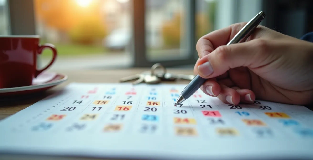 Calendrier avec délais d'inspection marqués et main tenant un stylo