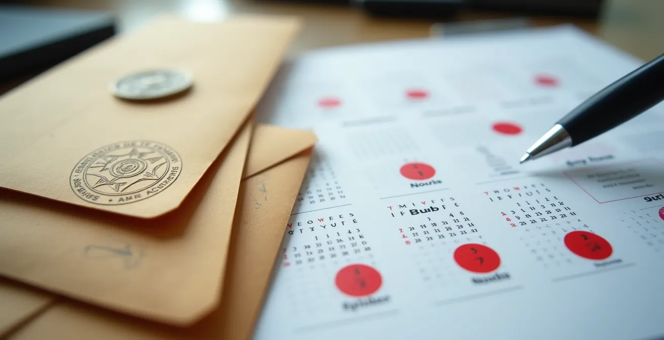 Un calendrier avec des dates d'échéance importantes entourées en rouge, symbolisant l'urgence de payer la facture de taxe de bienvenue à Montréal.