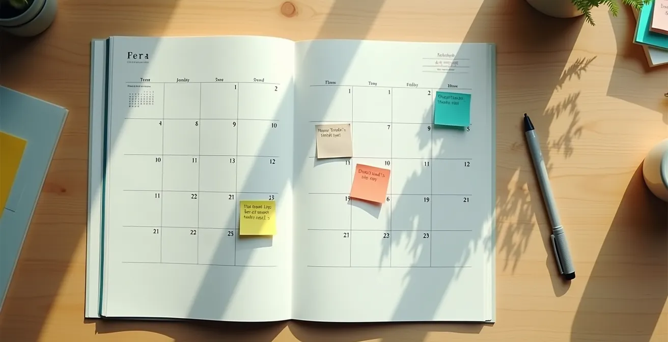 Vue en plongée d'un calendrier avec marqueurs colorés indiquant les dates importantes pour le RAP