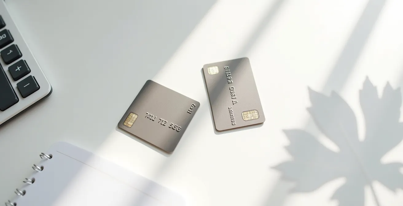 Vue aérienne minimaliste de deux cartes bancaires disposées en angle sur bureau épuré