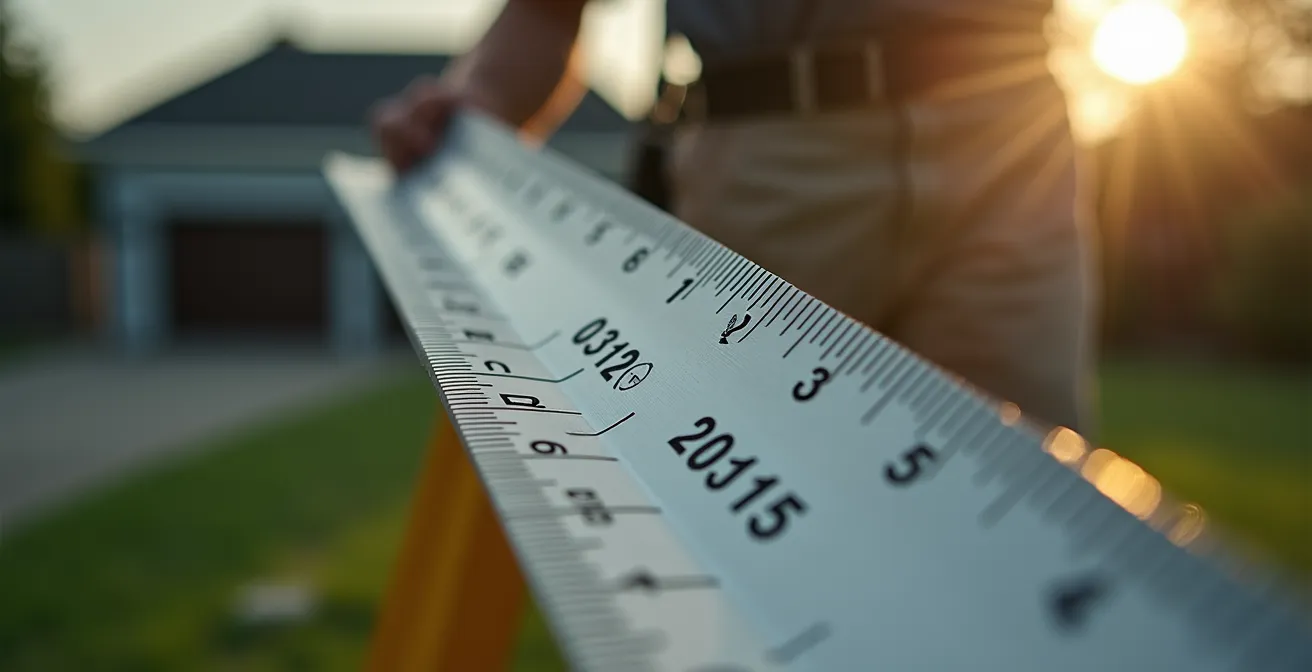 Arpenteur-géomètre effectuant des mesures sur un terrain résidentiel au Québec