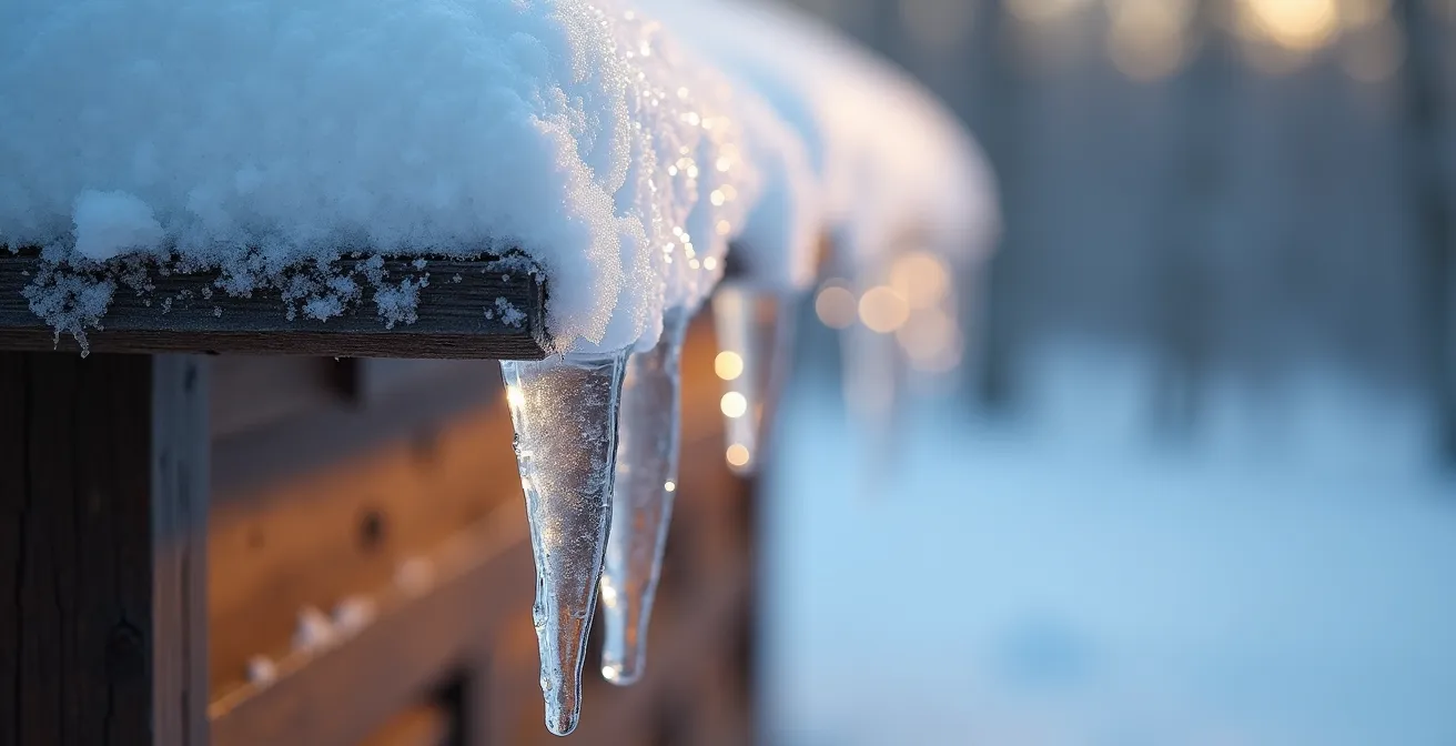 Chalet québécois sous la neige en hiver avec accumulation sur le toit, photographié au crépuscule