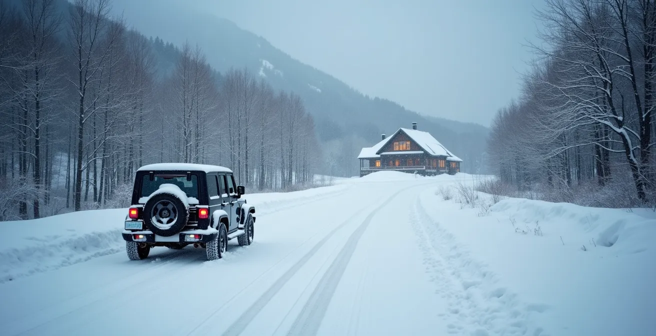 Chalet isolé en montagne avec chemin d'accès enneigé illustrant les défis logistiques hivernaux