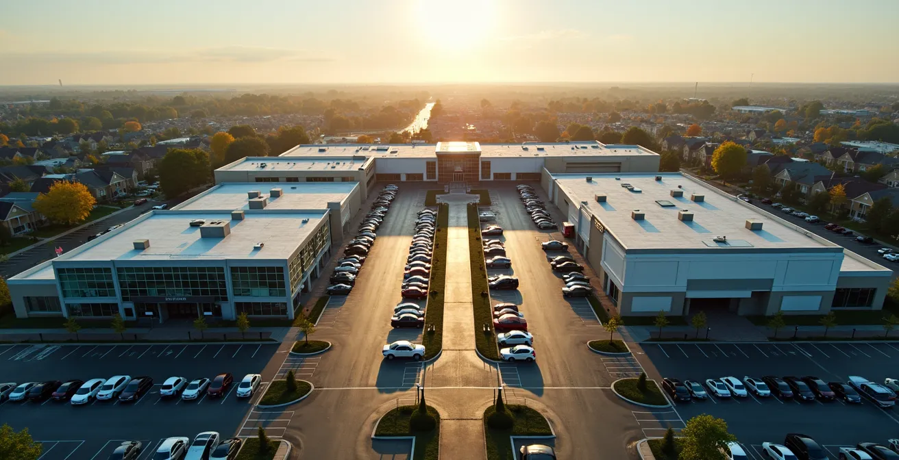 Vue aérienne du complexe commercial DIX30 un samedi après-midi montrant les flux de circulation et les zones de stationnement bondées