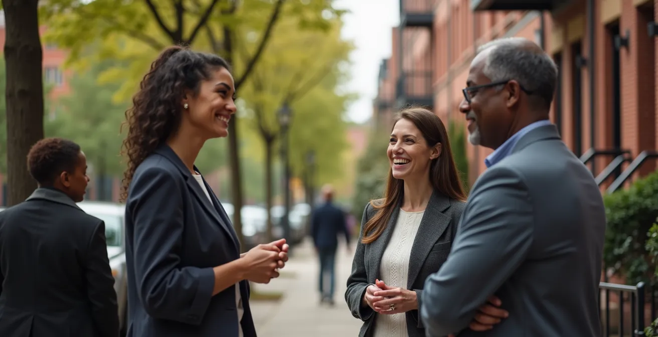 Intervenants sociaux discutant avec des résidents dans une rue animée du quartier