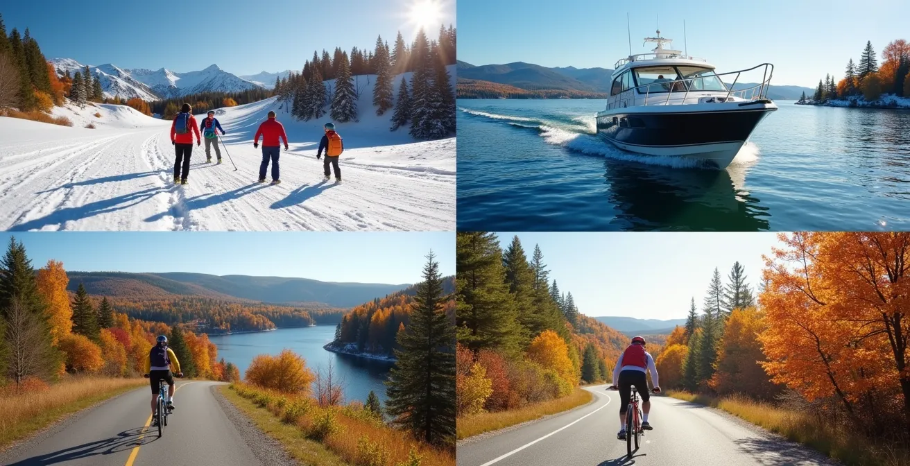 Montage visuel montrant les activités touristiques en Estrie et Charlevoix selon les saisons : ski, kayak, randonnée automnale et vélo.
