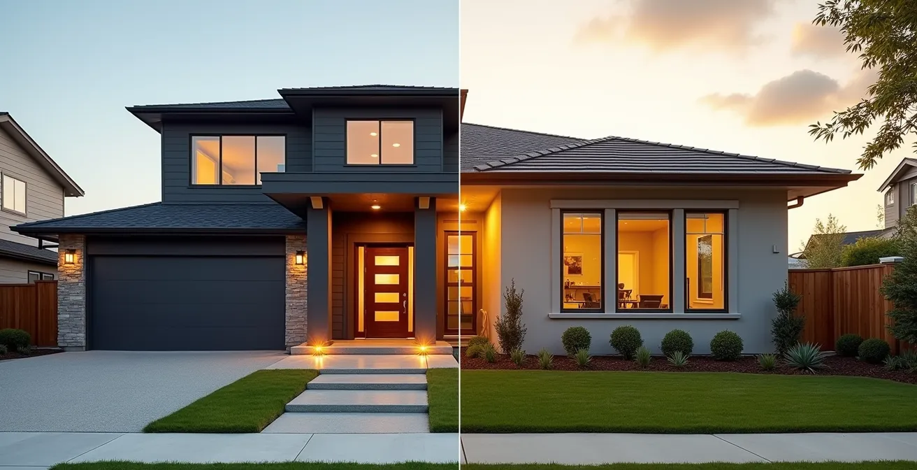 Composition en diptyque montrant une maison neuve moderne et un bungalow classique rénové