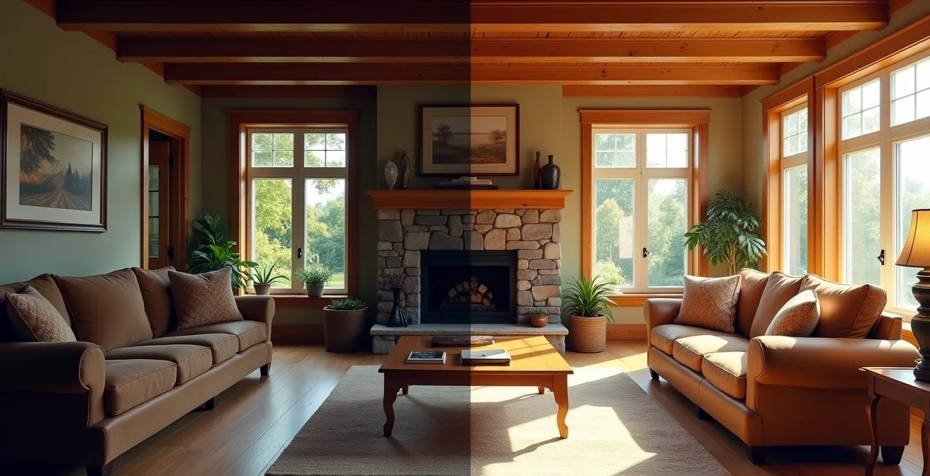 Comparaison visuelle entre photo amateur et professionnelle d'un salon québécois, montrant un éclairage et une composition supérieurs à droite.