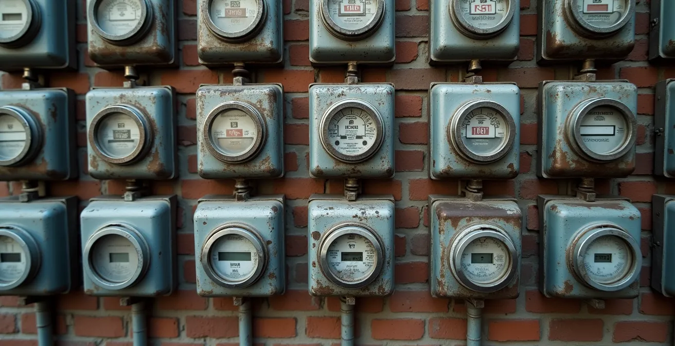 Vue macro de compteurs électriques individuels installés sur un mur d'immeuble résidentiel québécois