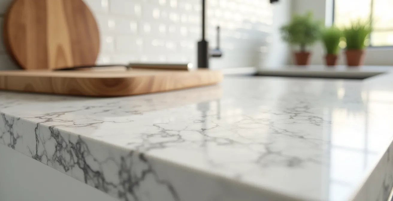 Comptoir en stratifié moderne imitant le marbre dans une cuisine rénovée économiquement.