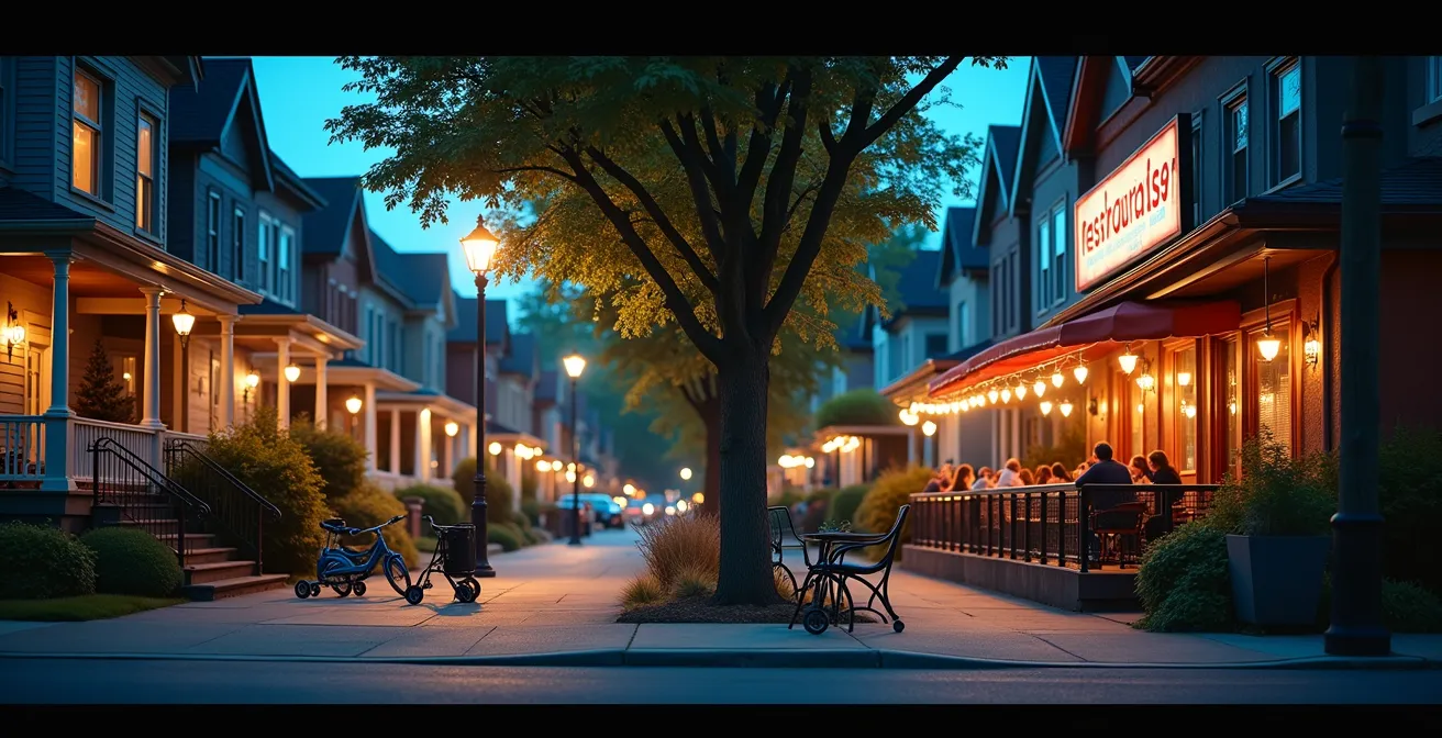 Vue contrastée d'une rue montréalaise montrant la coexistence entre vie nocturne et résidentielle familiale
