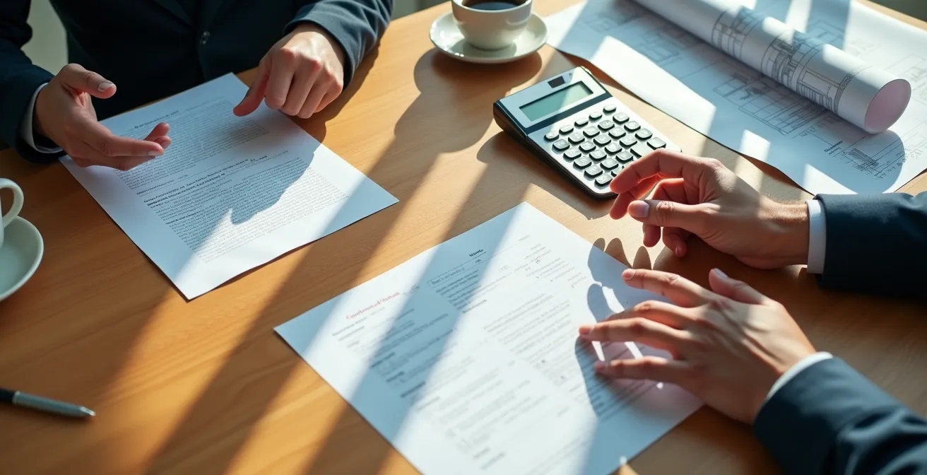 Vue en plongée d'une table de négociation avec documents de bail commercial et calculatrice dans un bureau moderne québécois