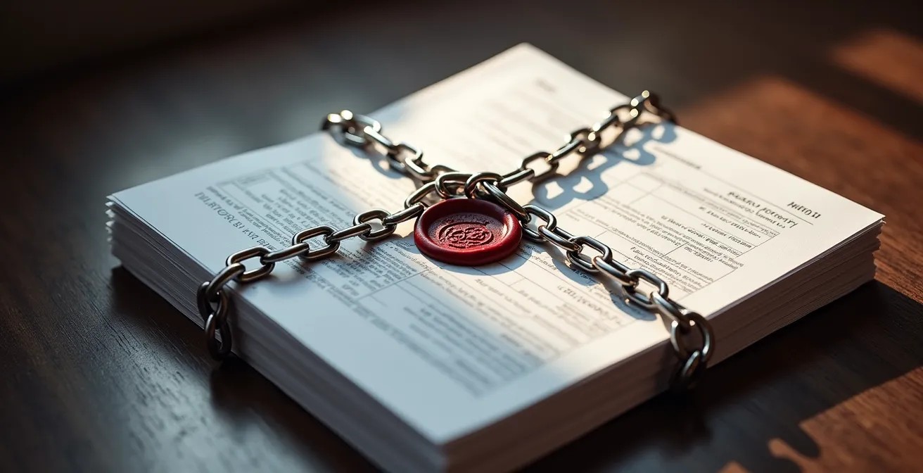 Composition symbolique montrant des documents hypothécaires empilés avec une chaîne métallique les entourant