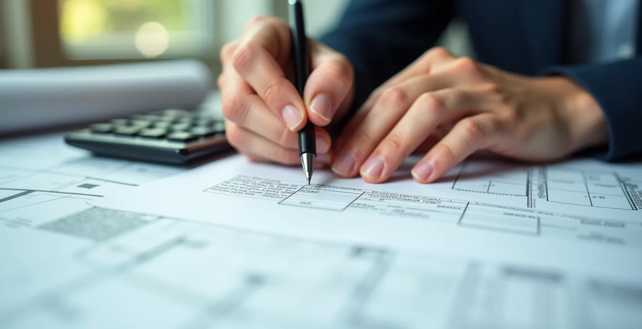 Mains signant un contrat de rénovation avec calculatrice et plans en arrière-plan