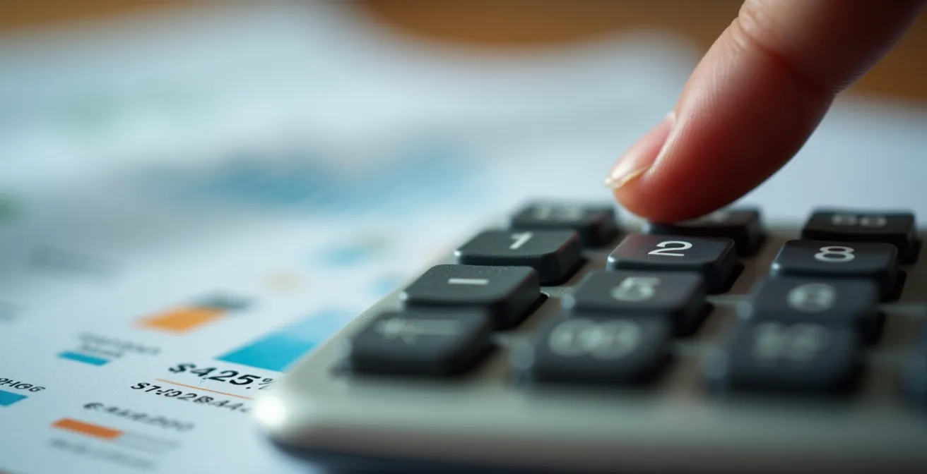 Gros plan macro sur une calculatrice financière montrant des calculs de réduction de commission hypothécaire