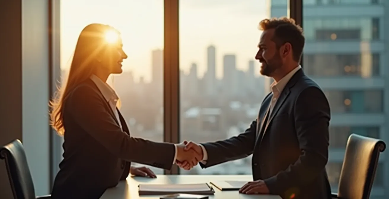 Poignée de main entre propriétaire et gestionnaire immobilier dans un bureau moderne