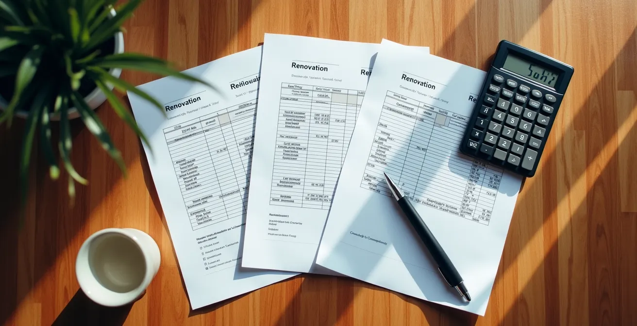 Documents de négociation immobilière avec devis de rénovation sur une table