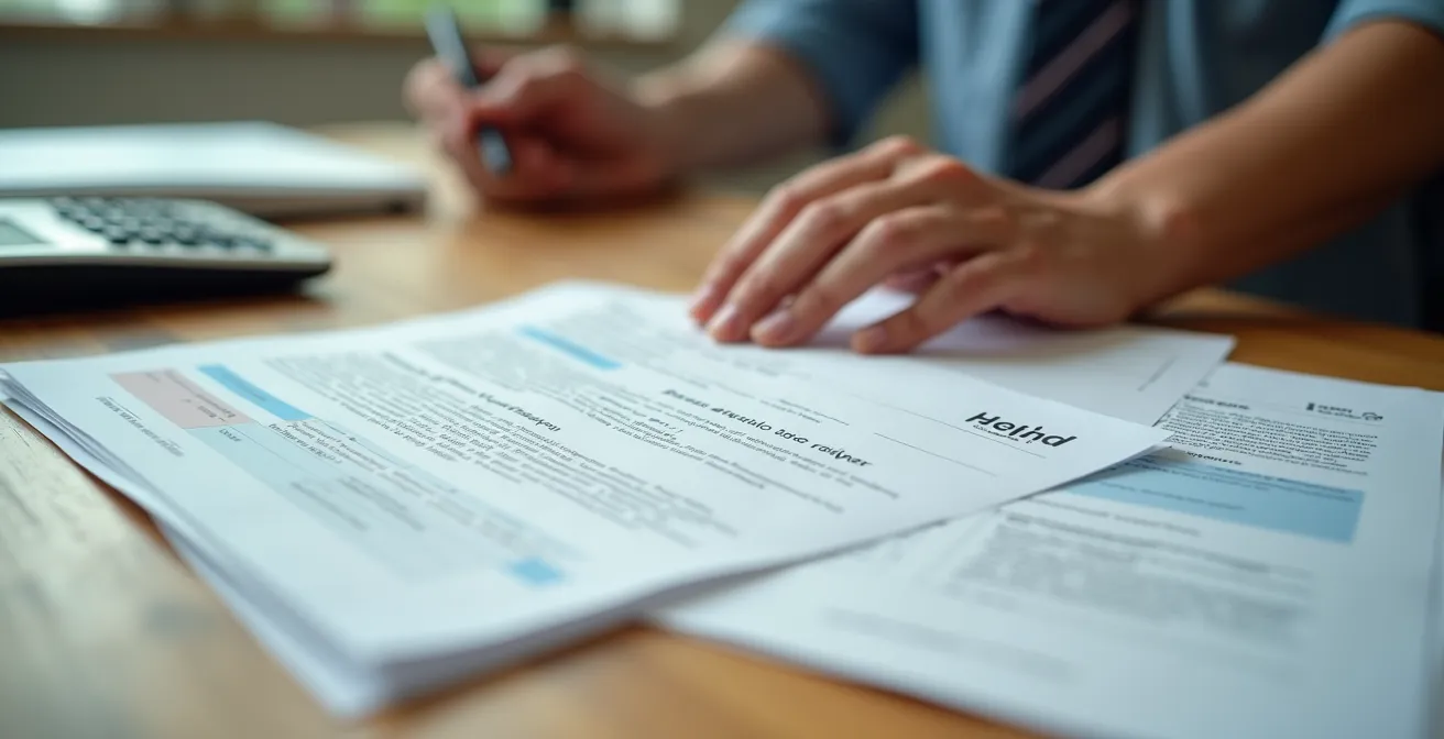 Mains organisant des documents officiels sur une table en bois avec calculatrice