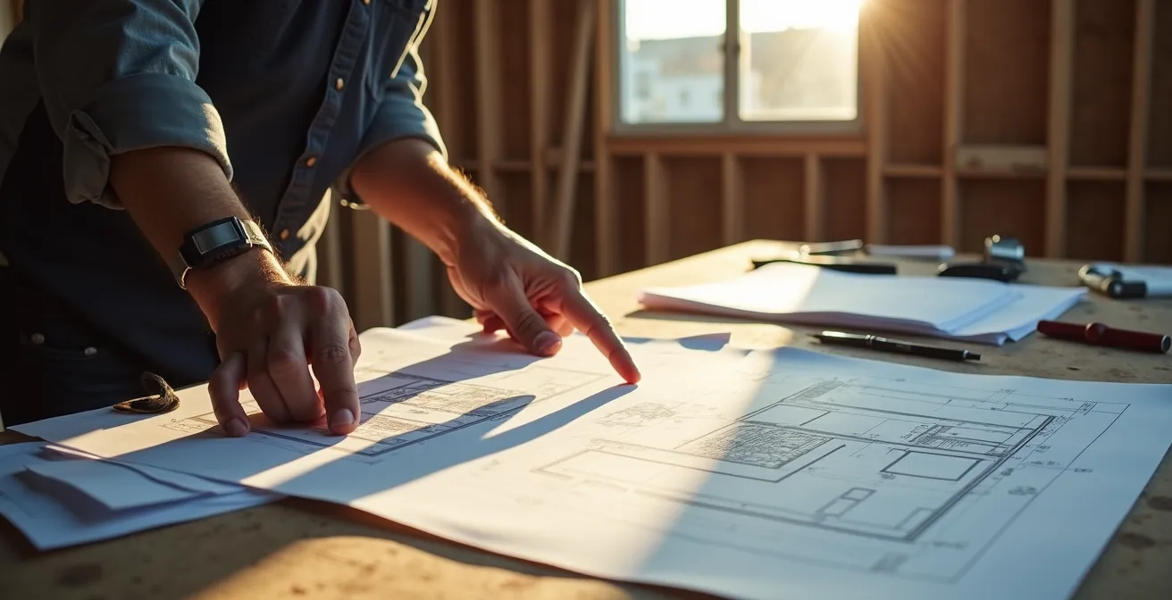 Entrepreneur consultant des plans de rénovation avec des outils professionnels