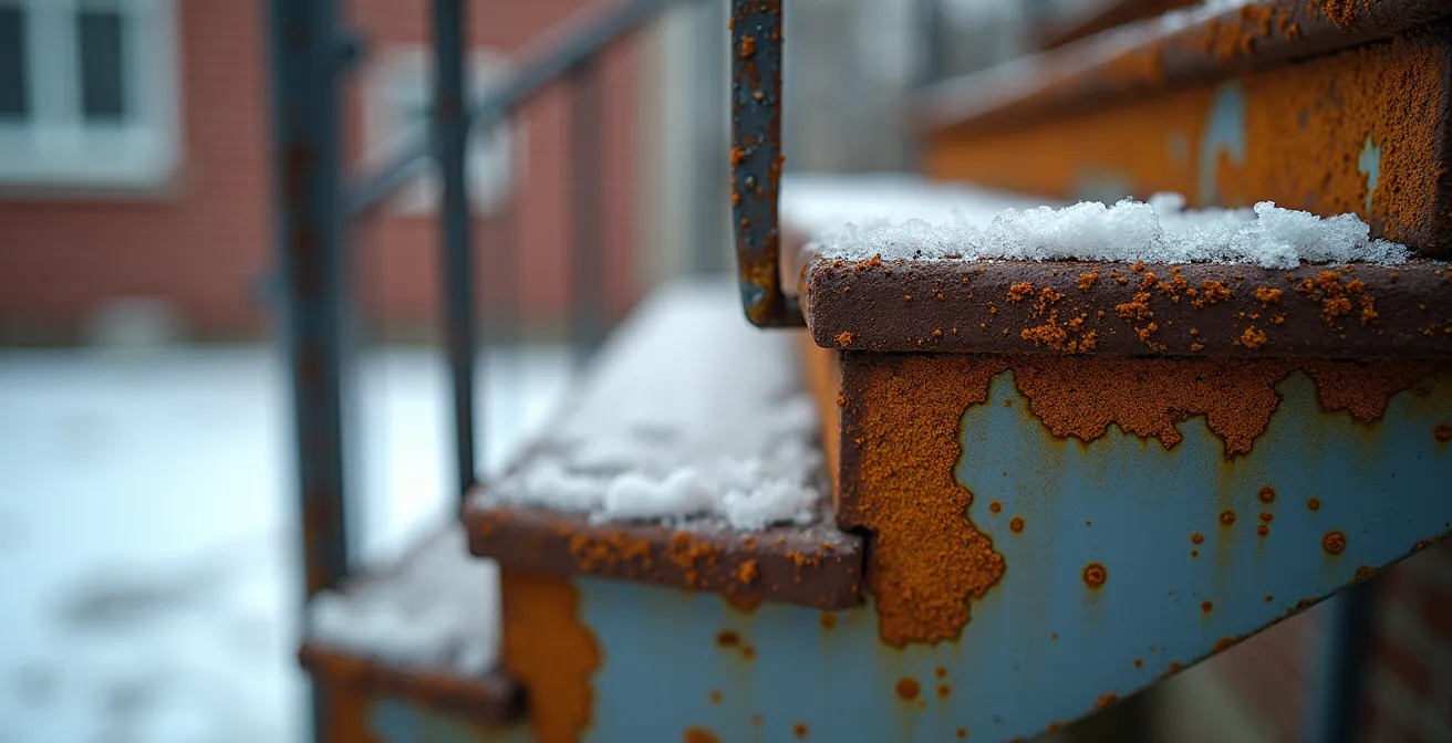 Escalier en colimaçon métallique d'un plex montréalais avec détails de corrosion et solutions antidérapantes