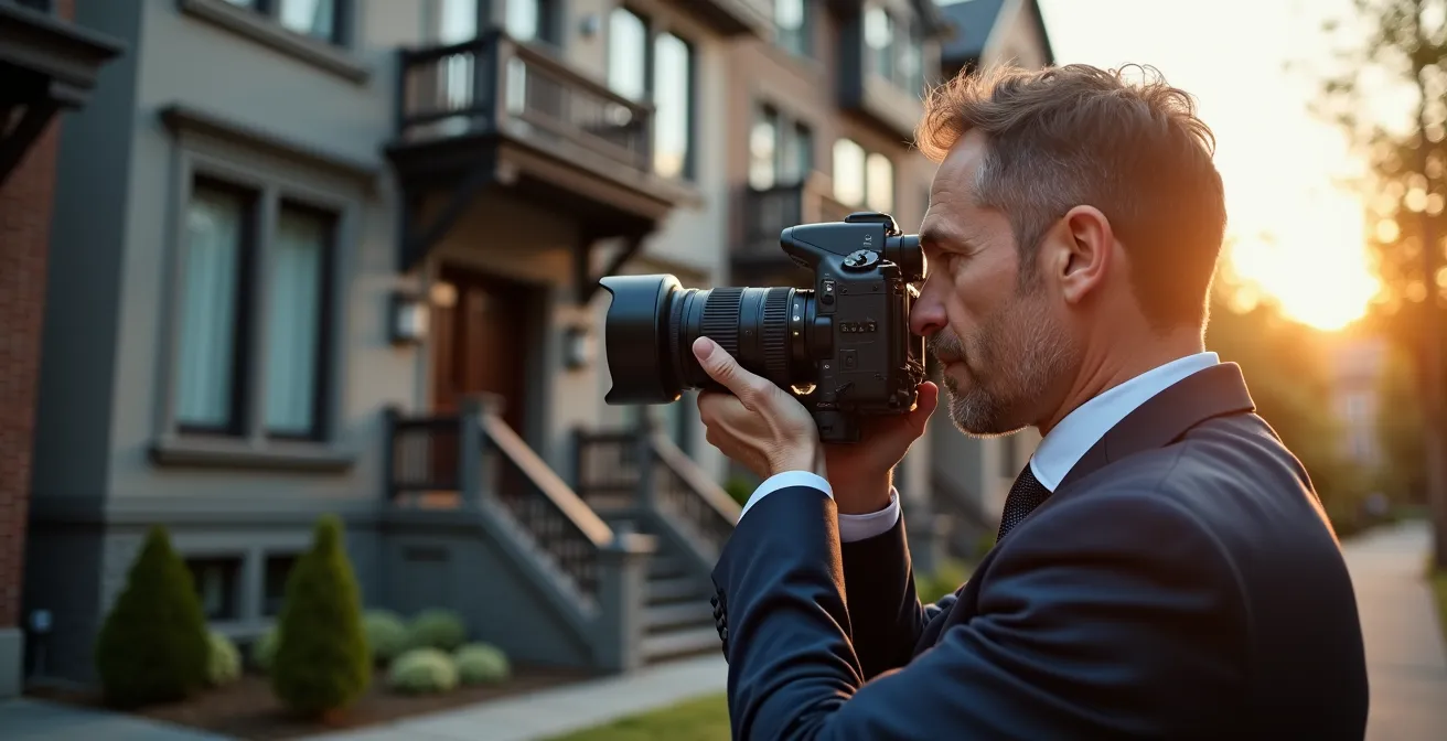 Évaluateur professionnel mesurant une maison québécoise avec équipement technique