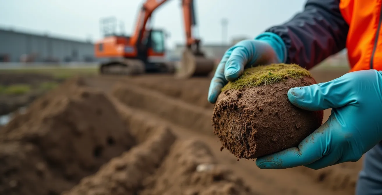 Technicien en environnement effectuant des prélèvements de sol sur un terrain industriel québécois avec équipement d'échantillonnage