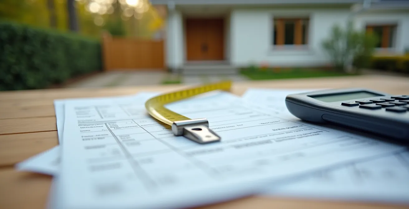 Évaluateur agréé mesurant une propriété québécoise avec outils professionnels