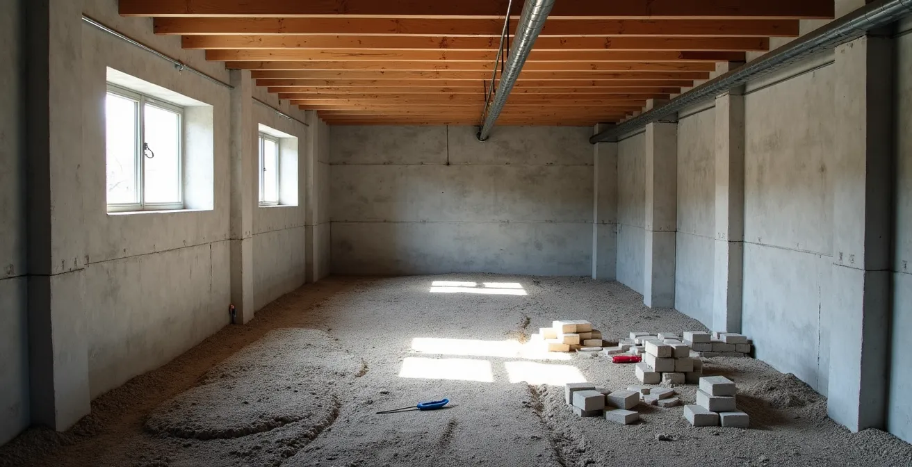 Vue en coupe d'une excavation de sous-sol montrant la technique du underpinning sur fondation de maison