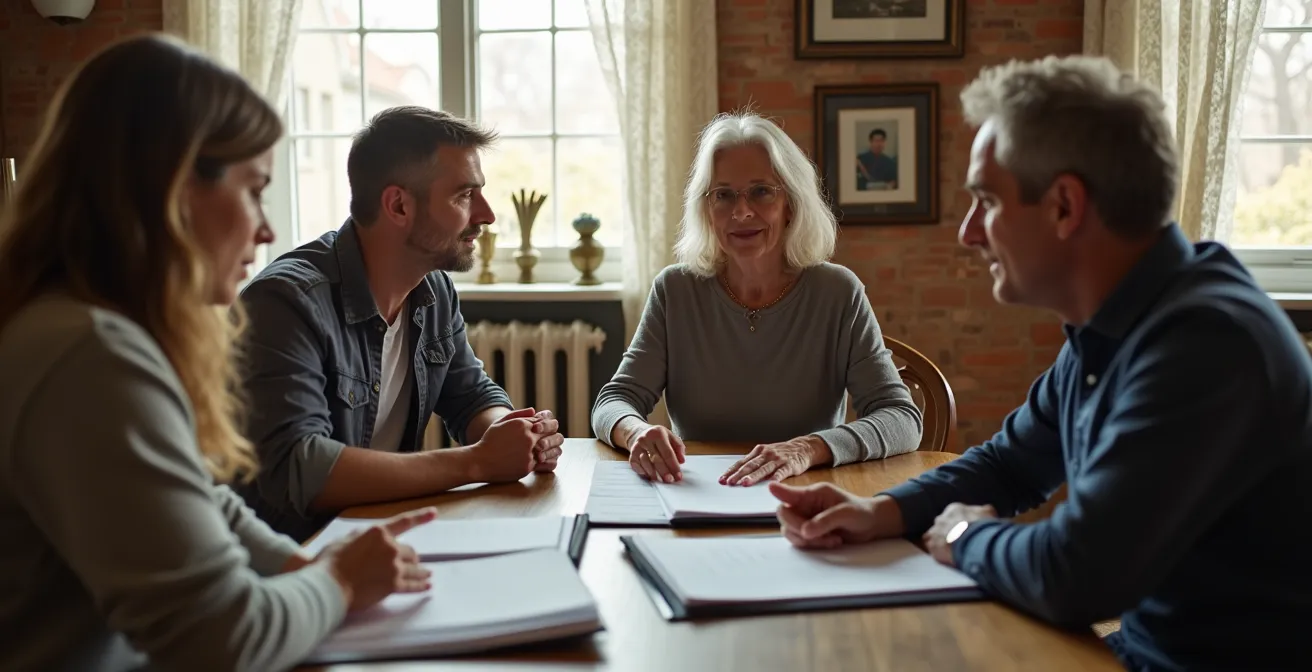Parents consultant des documents juridiques avec leur enfant adulte dans un contexte résidentiel québécois
