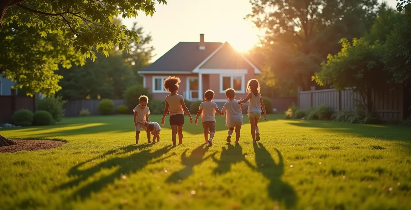 Famille profitant d'un grand jardin dans une maison de banlieue québécoise