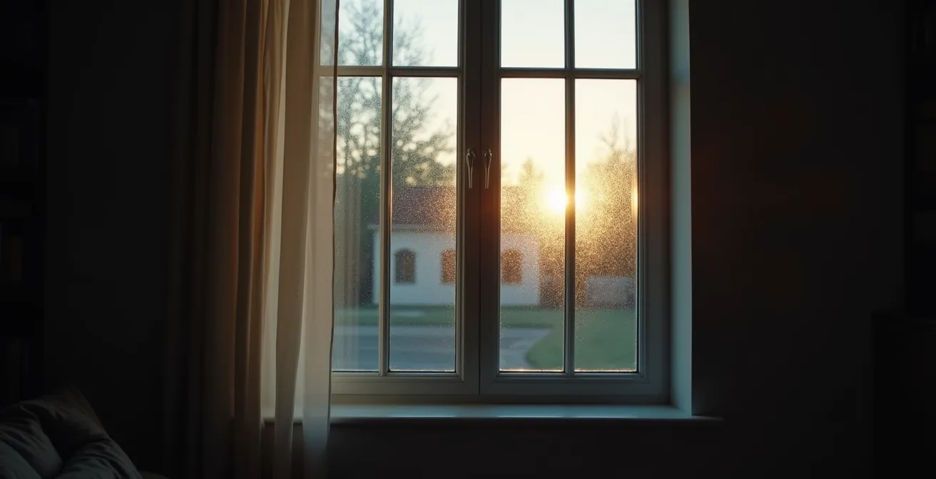 Fenêtre résidentielle avec vue sur propriété voisine illustrant la problématique des vues illégales