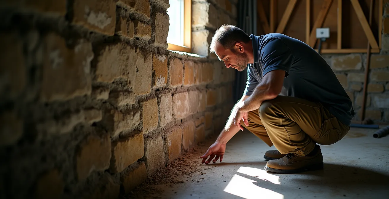 Vue rapprochée de fondations en moellons montrant les signes d'infiltration et d'efflorescence