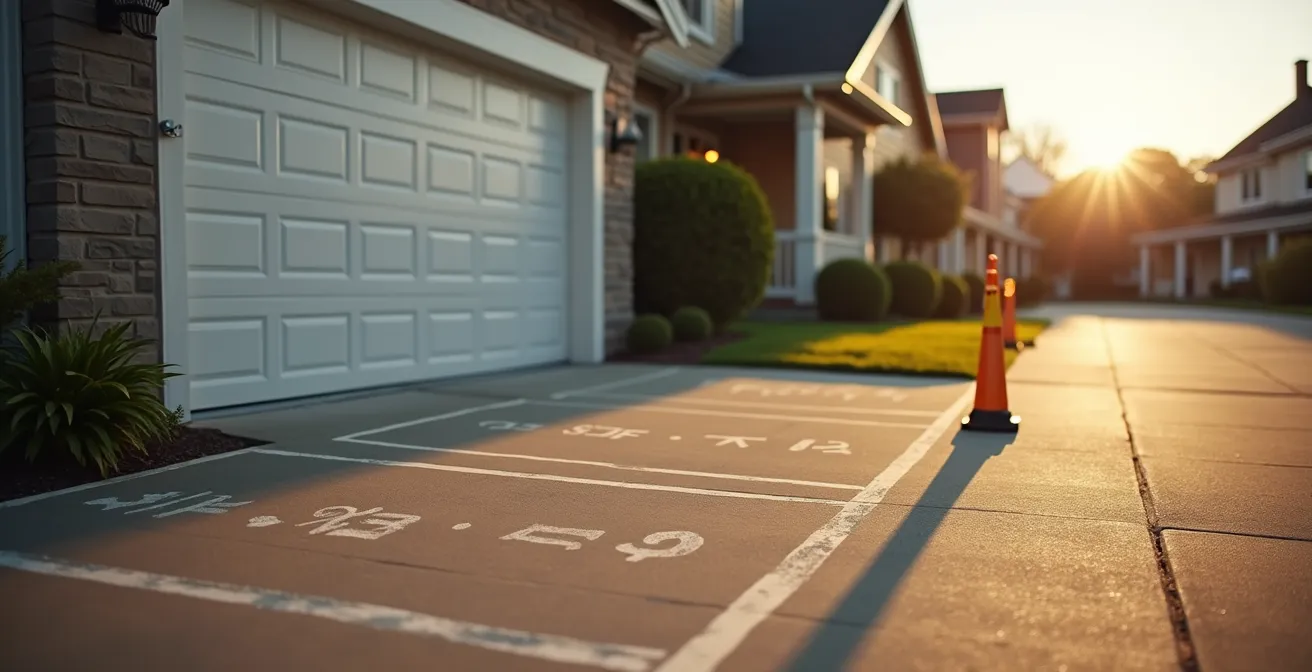 Vue latérale d'un garage résidentiel avec marquage au sol des limites de propriété et marge de recul, photographié en angle oblique