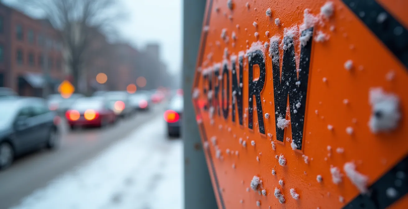 Vue aérienne d'une rue du Plateau Mont-Royal pendant une opération de déneigement avec voitures et panneaux oranges