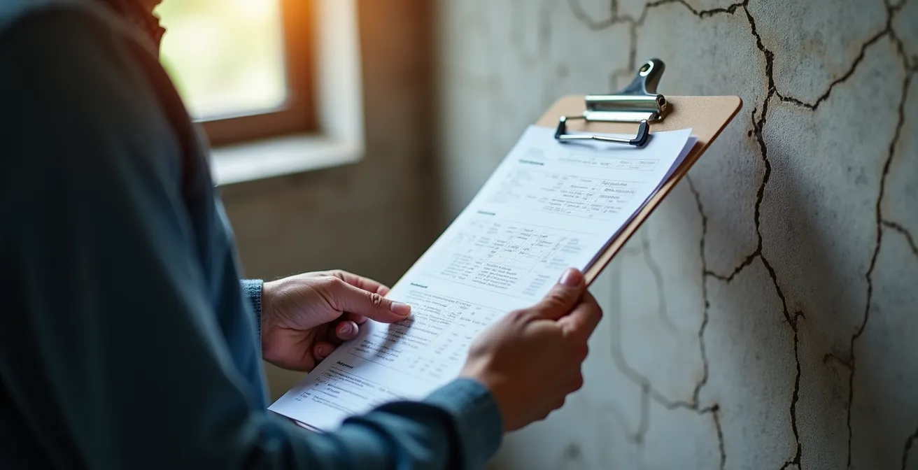 Inspecteur en bâtiment examinant des fissures structurelles dans une fondation