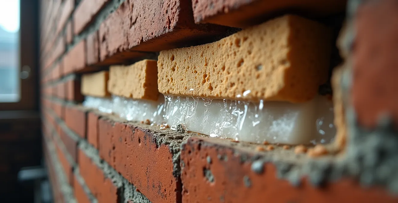 Coupe transversale d'un mur de briques montrant les couches d'isolation et le système pare-vapeur