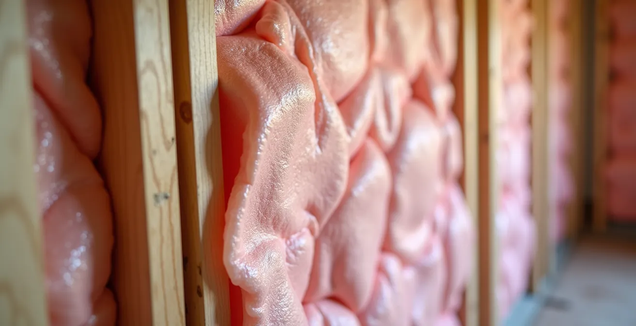 Vue détaillée de l'isolation des murs d'un chalet en bois avec panneaux isolants et pare-vapeur visible