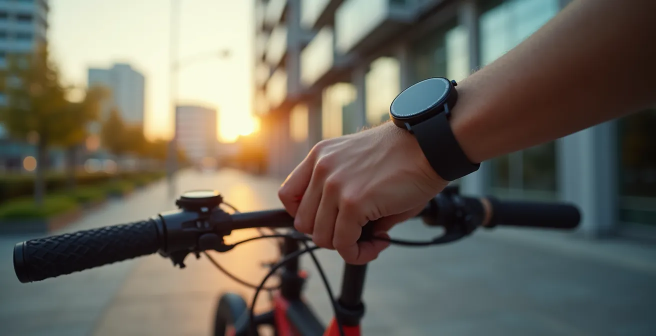 Jeune professionnel avec vélo électrique près d'une station du REM à Brossard