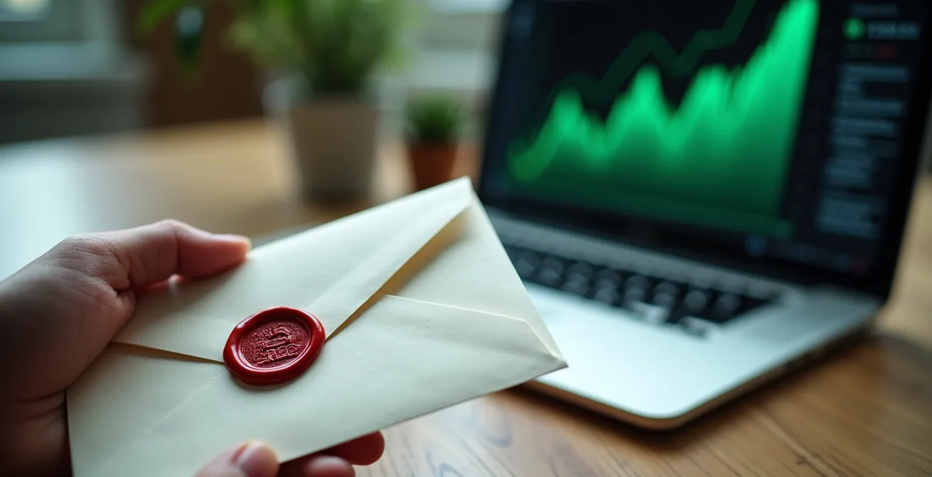 Main tenant une lettre officielle avec cachet devant un ordinateur montrant un graphique de score de crédit