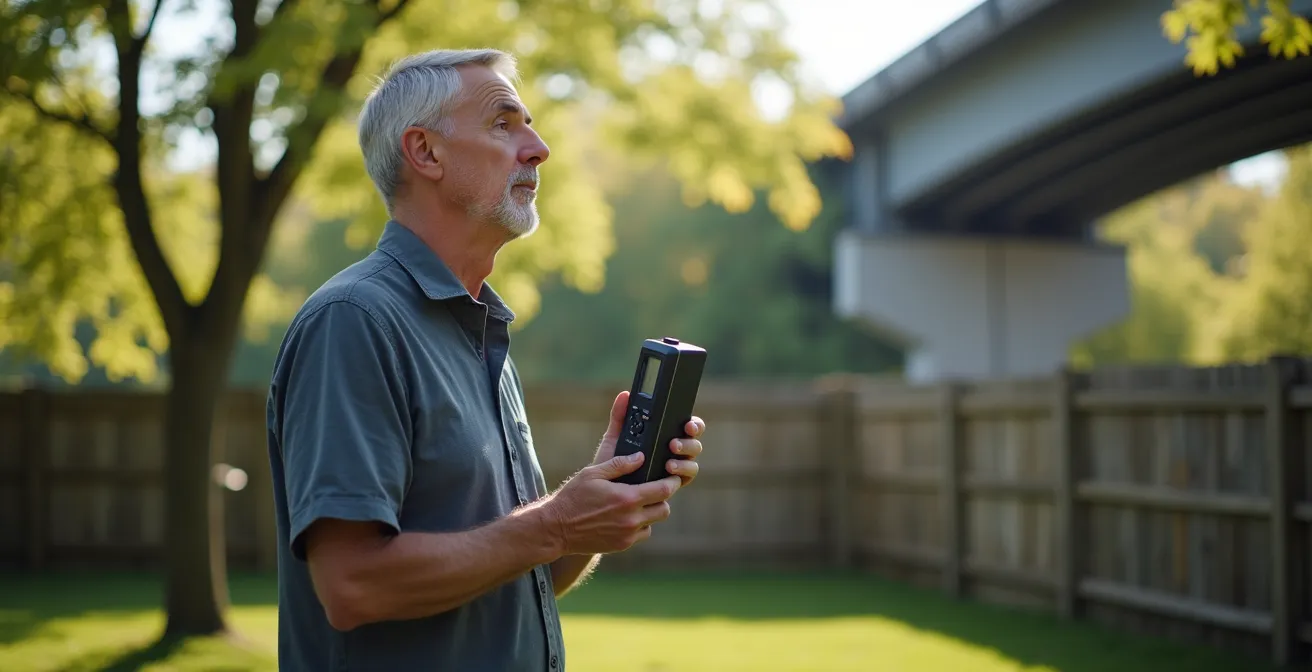Propriétaire mesurant le niveau sonore près d'une voie du REM avec un sonomètre