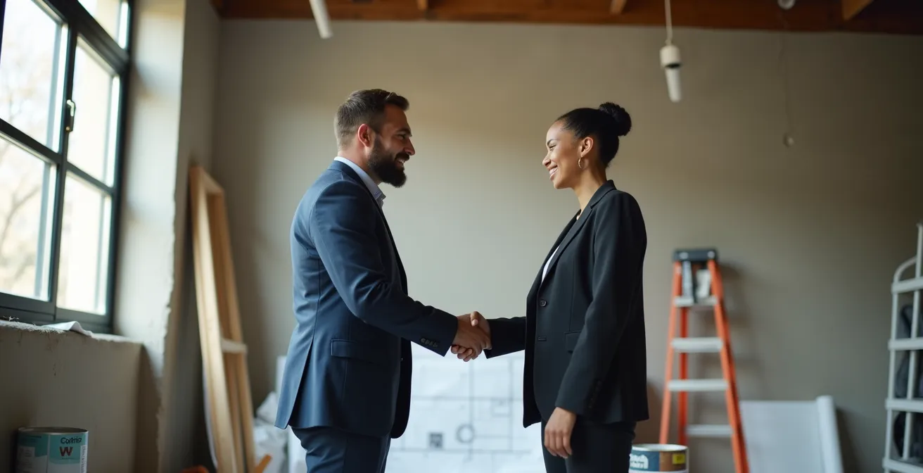Poignée de main entre propriétaire et locataire pour négociation de rénovations commerciales