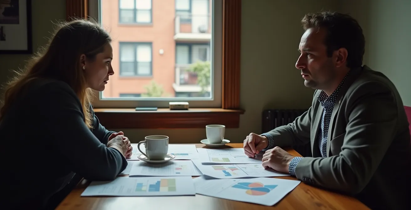 Table de réunion informelle avec papiers désorganisés et calculatrice dans un petit immeuble résidentiel