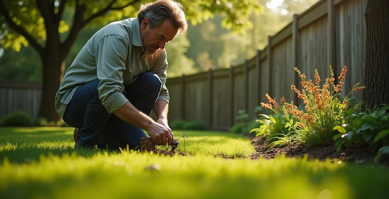Propriétaire entretenant une parcelle de terrain avec clôture et aménagement paysager au Québec