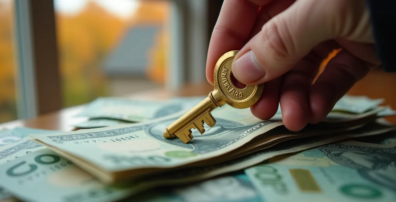 Visualisation du processus de refinancement hypothécaire avec documents et calculatrice sur un bureau en bois